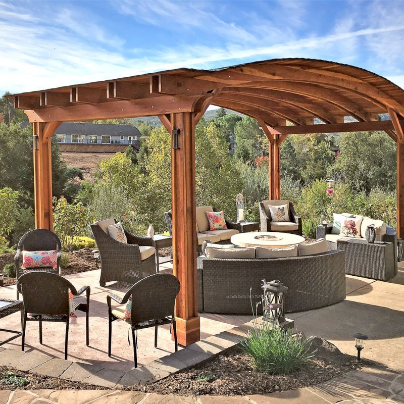 Backyard Pavilion Kits (Options: 12' L x 22' Arc W, California Redwood, No Electrical Wiring Trim, 4 Post Anchor Kit for Gale-Wind, No Ceiling Fan Base, No Privacy Panels, No Curtain Rods, 9.5 ft Post Height, Transparent Premium Sealant). Photo Courtesy of S. Bell of Santa Rosa, CA. Backyard Pavilion Kits (Options: 12' L x 22' Arc W, California Redwood, No Electrical Wiring Trim, 4 Post Anchor Kit for Gale-Wind, No Ceiling Fan Base, No Privacy Panels, No Curtain Rods, 9.5 ft Post Height, Transparent Premium Sealant). Photo Courtesy of S. Bell of Santa Rosa, CA.