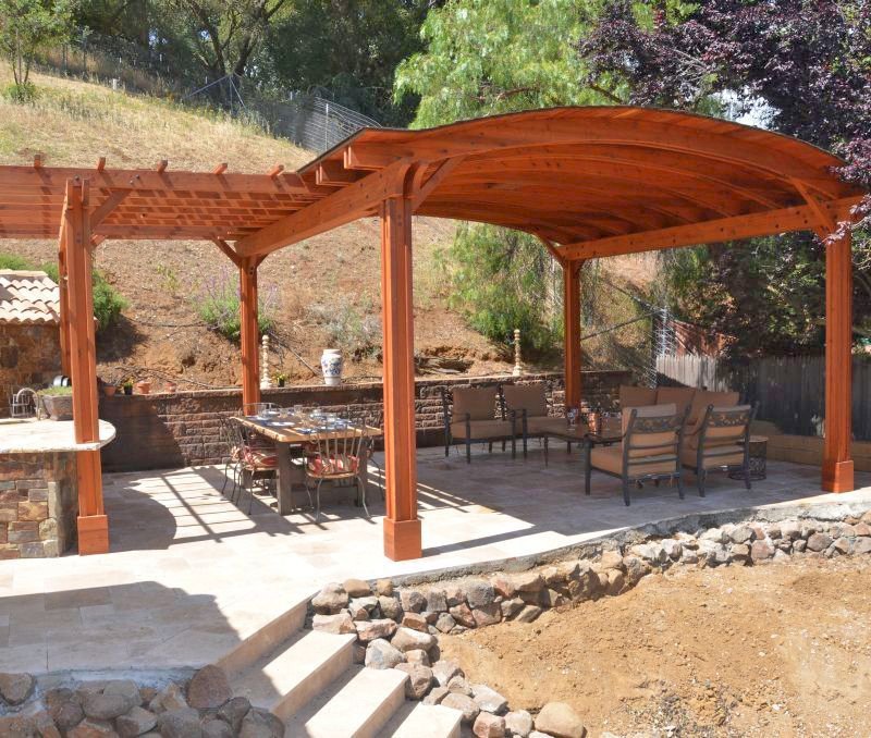 Custom Backyard Pavilion Kits (Options: 18' x 18', with 9' x 14' Garden Pergola Attached, California Redwood, 1 Electrical Wiring Trim Kit, 6 Post Anchor Kit for Gale-Wind, 2 Ceiling Fan Bases, No Privacy Panels, No Curtain Rods, 10 ft Post Height, Transparent Premium Sealant). Photo Courtesy of J. Angwin of Morgan Hill, CA. Custom Backyard Pavilion Kits (Options: 18' x 18', with 9' x 14' Garden Pergola Attached, California Redwood, 1 Electrical Wiring Trim Kit, 6 Post Anchor Kit for Gale-Wind, 2 Ceiling Fan Bases, No Privacy Panels, No Curtain Rods, 10 ft Post Height, Transparent Premium Sealant). Photo Courtesy of J. Angwin of Morgan Hill, CA.