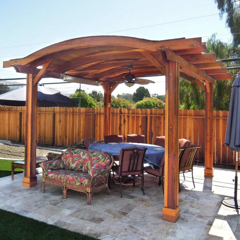 Backyard Pavilion Kits (Options: 14' L x 16' Arc W, California Redwood, 2 Post Electrical Wiring Trim, 4 Post Anchor Kit for Stone, Add Ceiling Fan Base, No Privacy Panels, No Curtain Rods, 9 ft Post Height, Transparent Premium Sealant). Backyard Pavilion Kits (Options: 14' L x 16' Arc W, California Redwood, 2 Post Electrical Wiring Trim, 4 Post Anchor Kit for Stone, Add Ceiling Fan Base, No Privacy Panels, No Curtain Rods, 9 ft Post Height, Transparent Premium Sealant).