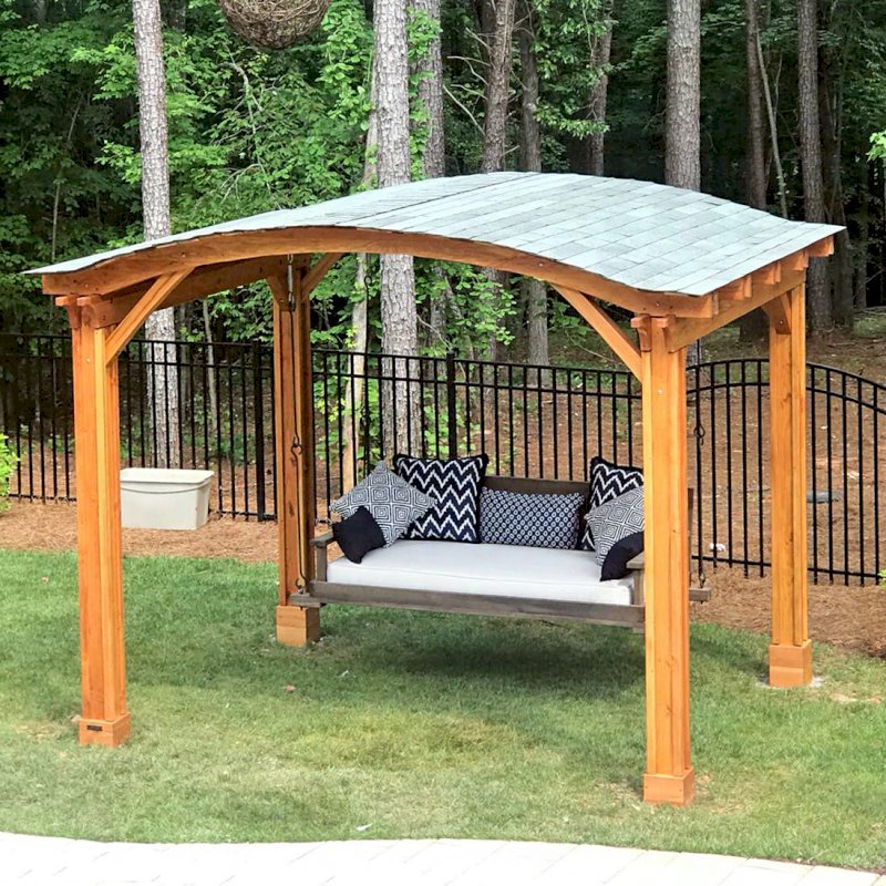 Backyard Pavilion Kits (Options: 12' L x 10' Arc W, Douglas-fir, No Electrical Wiring Trim, 4 Post Anchor Kit for Gale-Wind, No Ceiling Fan Base, No Privacy Panels, No Curtain Rods, 9 ft Post Height, Transparent Premium Sealant). Swing added by customer. Photo Courtesy of E. Schechtman of Wake Forest, NC. Backyard Pavilion Kits (Options: 12' L x 10' Arc W, Douglas-fir, No Electrical Wiring Trim, 4 Post Anchor Kit for Gale-Wind, No Ceiling Fan Base, No Privacy Panels, No Curtain Rods, 9 ft Post Height, Transparent Premium Sealant). Swing added by customer. Photo Courtesy of E. Schechtman of Wake Forest, NC.