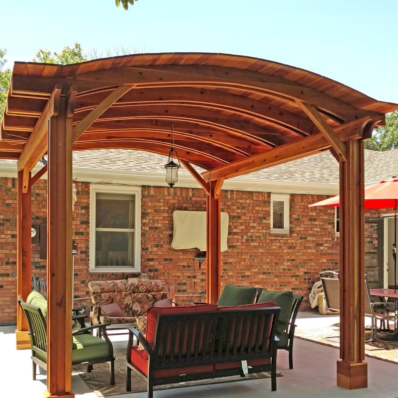 Backyard Pavilion Kits (Options: 14' L x 12' Arc W, California Redwood, No Electrical Wiring Trim, 4 Post Anchor Kit for Concrete, No Ceiling Fan Base, No Privacy Panels, No Curtain Rods, 9 ft Post Height, Transparent Premium Sealant). Photo Courtesy of B. Hardesty of Great Bend, KS. Backyard Pavilion Kits (Options: 14' L x 12' Arc W, California Redwood, No Electrical Wiring Trim, 4 Post Anchor Kit for Concrete, No Ceiling Fan Base, No Privacy Panels, No Curtain Rods, 9 ft Post Height, Transparent Premium Sealant). Photo Courtesy of B. Hardesty of Great Bend, KS.