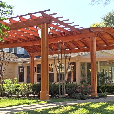Custom Backyard Pavilion Kits with a Garden Pergola(Options: 24' L x 16' Arc W [Garden Pergola is 10' L x 15' W], California Redwood, 2 Post Electrical Wiring Trim, 6-Post Anchor Kit for High-Wind, With 2 Ceiling Fan Bases, No Privacy Panels, No Curtain Rods, 10 ft Post Height, Transparent Premium Sealant). Photo Courtesy of Jeff A. of San Ramon, CA.