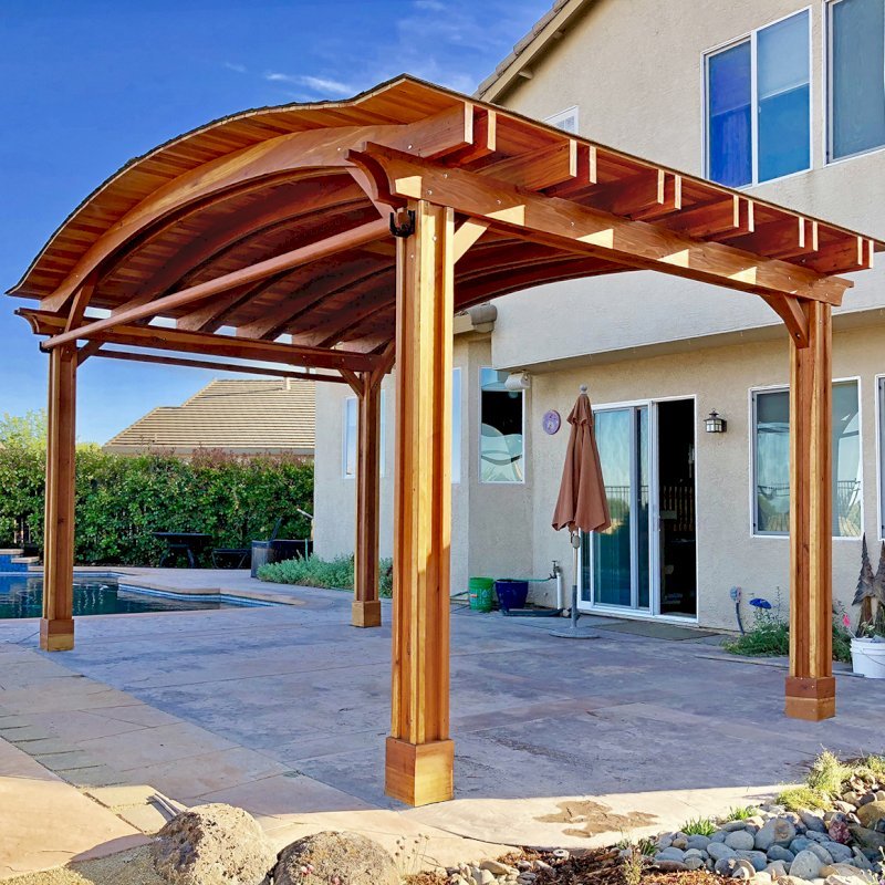 Backyard Pavilion Kits (Options: 14' L x 22' Arc W, California Redwood, 1 Post Electrical Wiring Trim, 4 Post Anchor Kit for Concrete, With 2 Ceiling Fan Bases, No Privacy Panels, 2 Curtain Rods, 9.5 ft Post Height, Transparent Premium Sealant). Photo Courtesy of T. Bauer of Sacramento, CA. Backyard Pavilion Kits (Options: 14' L x 22' Arc W, California Redwood, 1 Post Electrical Wiring Trim, 4 Post Anchor Kit for Concrete, With 2 Ceiling Fan Bases, No Privacy Panels, 2 Curtain Rods, 9.5 ft Post Height, Transparent Premium Sealant). Photo Courtesy of T. Bauer of Sacramento, CA.