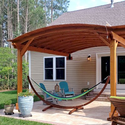 Backyard Porch Pavilion (Options: 16' L x 15' Arc W, Douglas-fir, No Post Electrical Wiring Trim, 2-Post Anchor Kit for Concrete, No Ceiling Fan Base, No Privacy Panels, No Curtain Rods, 9 ft Post Height, Transparent Premium Sealant).