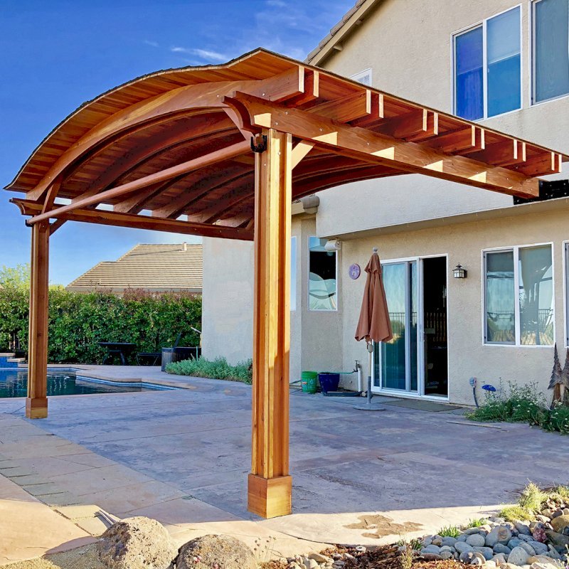 Backyard Porch Pavilion (Options: 14' L x 22' Arc W, California Redwood, 1 Post Electrical Wiring Trim, 2 Post Anchor Kit for Concrete, With 2 Ceiling Fan Bases, No Privacy Panels, 2 Curtain Rods, 9.5 ft Post Height, Transparent Premium Sealant). Backyard Porch Pavilion (Options: 14' L x 22' Arc W, California Redwood, 1 Post Electrical Wiring Trim, 2 Post Anchor Kit for Concrete, With 2 Ceiling Fan Bases, No Privacy Panels, 2 Curtain Rods, 9.5 ft Post Height, Transparent Premium Sealant).