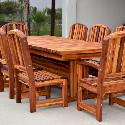 Baja Outdoor Redwood Dining Table (Options: 8 ft L, 42 inches W, Chairs, Mosaic Redwood, 8 Chairs, Luna, 2 Armchairs & Side chairs, No Cushion, Standard Tabletop, Squared Corners, No Umbrella Hole, Transparent Premium Sealant).