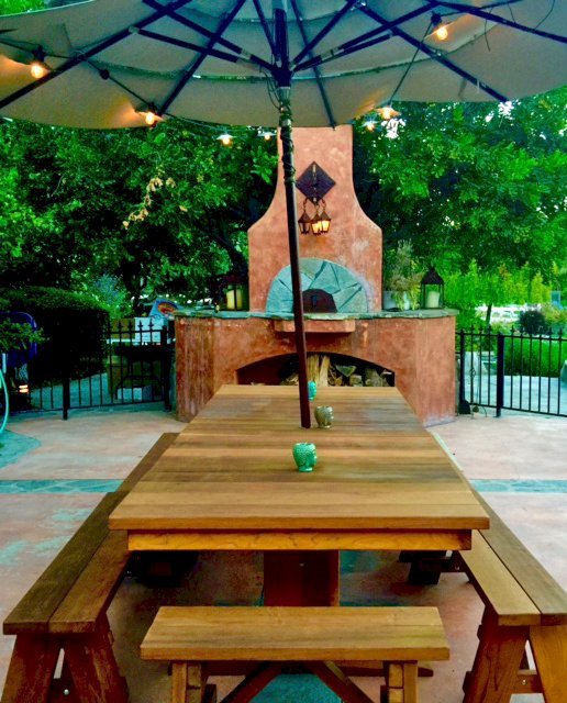 Baja Outdoor Redwood Dining Table (Options: 10 ft L, 48 inches W, Side & End Benches, 2 Half Benches Per Side, California Redwood, Standard Tabletop, Squared Corners, 2" Umbrella Hole, Transparent Premium Sealant). Photo Courtesy of Arjun Reyes of Santa Rosa Valley, CA. Baja Outdoor Redwood Dining Table (Options: 10 ft L, 48 inches W, Side & End Benches, 2 Half Benches Per Side, California Redwood, Standard Tabletop, Squared Corners, 2" Umbrella Hole, Transparent Premium Sealant). Photo Courtesy of Arjun Reyes of Santa Rosa Valley, CA.