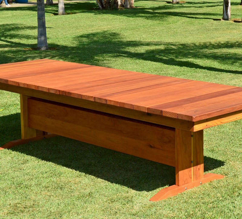 Baja Outdoor Redwood Dining Table (Options: 10 ft L, 42 inches W top, No Seating, California Redwood, Standard Tabletop, Slightly Rounded Corners, No Umbrella Hole, Transparent Premium Sealant). Baja Outdoor Redwood Dining Table (Options: 10 ft L, 42 inches W top, No Seating, California Redwood, Standard Tabletop, Slightly Rounded Corners, No Umbrella Hole, Transparent Premium Sealant).