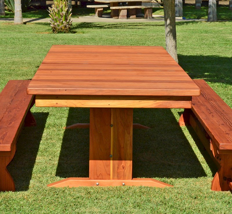 Baja Outdoor Redwood Dining Table (Options: 10 ft L, 42inches W top, Side Benches, California Redwood, Trestle Bench, 1 Full Length Benche Per Side, Standard Tabletop, Slightly Rounded Corners, No Umbrella Hole, Transparent Premium Sealant). Baja Outdoor Redwood Dining Table (Options: 10 ft L, 42inches W top, Side Benches, California Redwood, Trestle Bench, 1 Full Length Benche Per Side, Standard Tabletop, Slightly Rounded Corners, No Umbrella Hole, Transparent Premium Sealant).