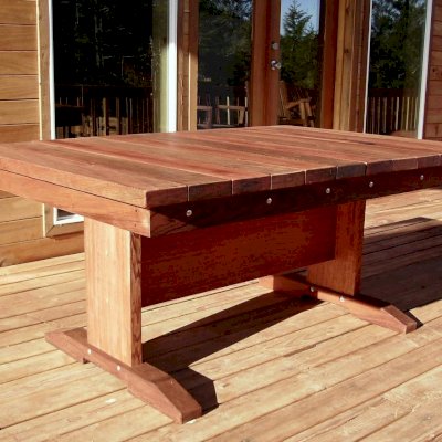 Baja Outdoor Redwood Dining Table (Options: 6 ft L, 48 inches W top, No Seating, Mature Redwood, Standard Tabletop, Squared Corners, No Umbrella Hole, Transparent Premium Sealant).