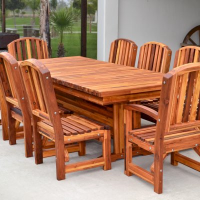 Baja Outdoor Redwood Dining Table (Options: 8 ft L, 42 inches W, Chairs, Mosaic Redwood, 8 Chairs, Luna, 2 Armchairs & Side chairs, No Cushion, Standard Tabletop, Squared Corners, No Umbrella Hole, Transparent Premium Sealant).