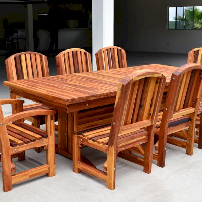 Baja Outdoor Redwood Dining Table (Options: 8 ft L, 42 inches W, Chairs, Mosaic Redwood, 8 Chairs, Luna, 2 Armchairs & Side chairs, No Cushion, Standard Tabletop, Squared Corners, No Umbrella Hole, Transparent Premium Sealant).