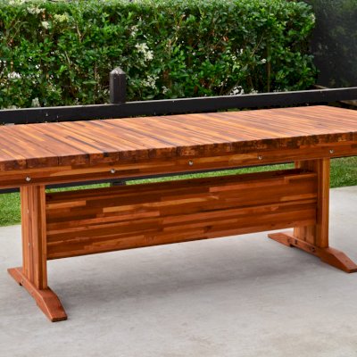 Baja Outdoor Redwood Dining Table (Options: 8 ft L, 42 inches W, No Seating, Mosaic Redwood, Standard Tabletop, Squared Corners, No Umbrella Hole, Transparent Premium Sealant).