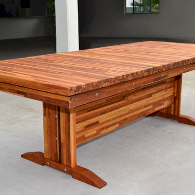 Baja Outdoor Redwood Dining Table (Options: 8 ft L, 42 inches W, No Seating, Mosaic Redwood, Standard Tabletop, Squared Corners, No Umbrella Hole, Transparent Premium Sealant).
