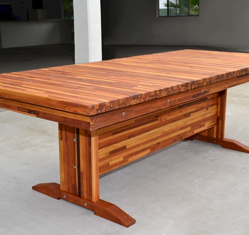 Baja Outdoor Redwood Dining Table (Options: 8 ft L, 42 inches W, No Seating, Mosaic Eco-Wood, Standard Tabletop, Squared Corners, No Umbrella Hole, Transparent Premium Sealant). Baja Outdoor Redwood Dining Table (Options: 8 ft L, 42 inches W, No Seating, Mosaic Eco-Wood, Standard Tabletop, Squared Corners, No Umbrella Hole, Transparent Premium Sealant).