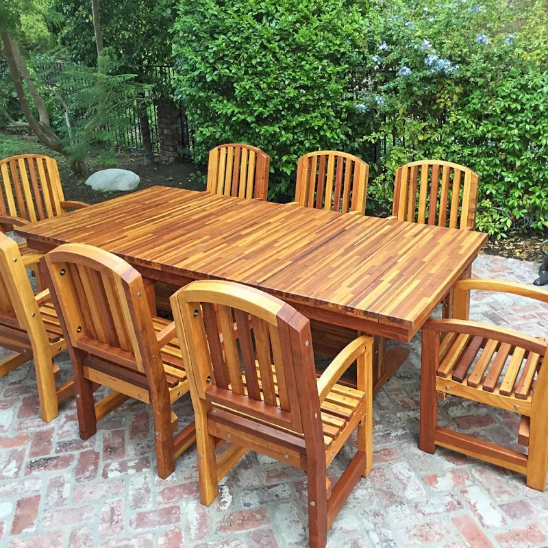 Baja Outdoor Redwood Dining Table (Options: 8 ft L, 48 inches W, Chairs, Mosaic Eco-Wood, 8 Chairs, Luna, Side Chairs Only, No Cushion, Standard Tabletop, Squared Corners, No Umbrella Hole, Transparent Premium Sealant). Photo Courtesy of C. Barty of Irvine, CA. Baja Outdoor Redwood Dining Table (Options: 8 ft L, 48 inches W, Chairs, Mosaic Eco-Wood, 8 Chairs, Luna, Side Chairs Only, No Cushion, Standard Tabletop, Squared Corners, No Umbrella Hole, Transparent Premium Sealant). Photo Courtesy of C. Barty of Irvine, CA.