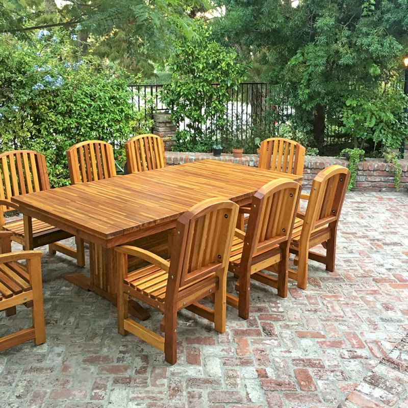 Baja Outdoor Redwood Dining Table (Options: 8 ft L, 48 inches W, Chairs, Mosaic Eco-Wood, 8 Chairs, Luna, Side Chairs Only, No Cushion, Standard Tabletop, Squared Corners, No Umbrella Hole, Transparent Premium Sealant). Photo Courtesy of C. Barty of Irvine, CA. Baja Outdoor Redwood Dining Table (Options: 8 ft L, 48 inches W, Chairs, Mosaic Eco-Wood, 8 Chairs, Luna, Side Chairs Only, No Cushion, Standard Tabletop, Squared Corners, No Umbrella Hole, Transparent Premium Sealant). Photo Courtesy of C. Barty of Irvine, CA.
