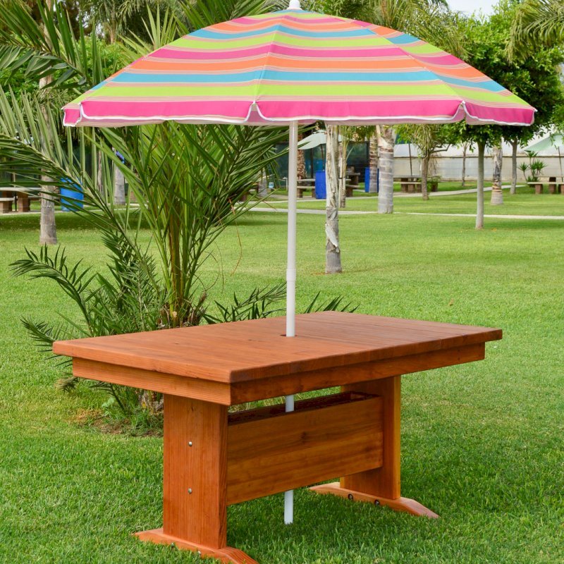 Baja Outdoor Redwood Dining Table (Options: 5 ft L, 48 inches W top, No Seating, California Redwood, Standard Tabletop, Squared Corners, Umbrella Hole, Transparent Premium Sealant). Baja Outdoor Redwood Dining Table (Options: 5 ft L, 48 inches W top, No Seating, California Redwood, Standard Tabletop, Squared Corners, Umbrella Hole, Transparent Premium Sealant).