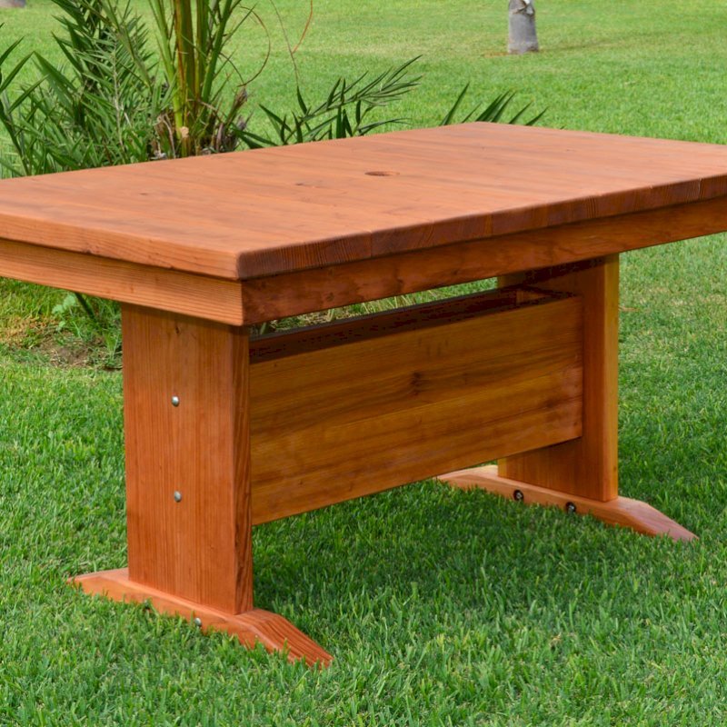 Baja Outdoor Redwood Dining Table (Options: 5 ft L, 48 inches W top, No Seating, California Redwood, Standard Tabletop, Squared Corners, Umbrella Hole, Transparent Premium Sealant). Baja Outdoor Redwood Dining Table (Options: 5 ft L, 48 inches W top, No Seating, California Redwood, Standard Tabletop, Squared Corners, Umbrella Hole, Transparent Premium Sealant).