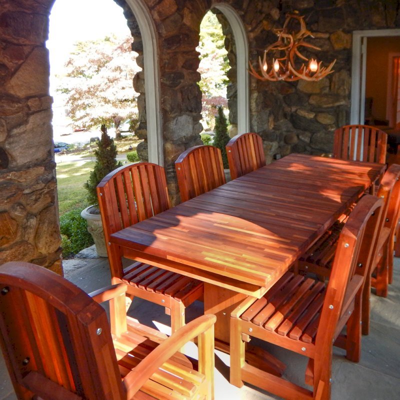 Baja Outdoor Redwood Dining Table (Options: 8 ft L, 42 inches W, Chairs, Mosaic Eco-Wood, 8 Chairs, Luna, 2 Armchairs & Side chairs, No Cushion, Standard Tabletop, Squared Corners, No Umbrella Hole, Transparent Premium Sealant). Photo Courtesy of Tommy B. of Ossining, NY. Baja Outdoor Redwood Dining Table (Options: 8 ft L, 42 inches W, Chairs, Mosaic Eco-Wood, 8 Chairs, Luna, 2 Armchairs & Side chairs, No Cushion, Standard Tabletop, Squared Corners, No Umbrella Hole, Transparent Premium Sealant). Photo Courtesy of Tommy B. of Ossining, NY.