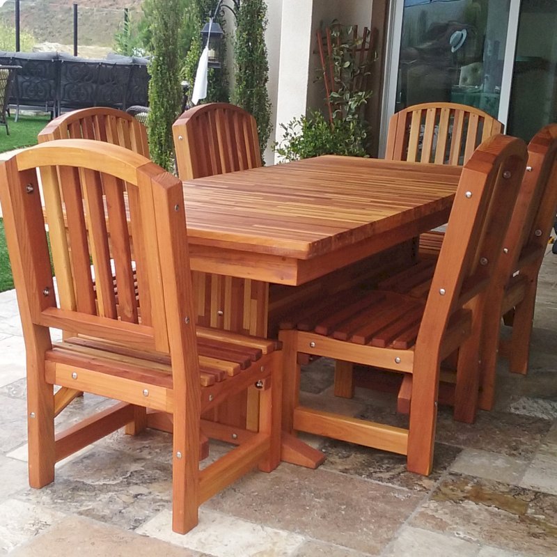 Baja Outdoor Redwood Dining Table (Options: 7 ft L, 36 inches W, Chairs, Mosaic Eco-Wood, 6 Chairs, Luna, Side Chairs Only, No Cushion, Standard Tabletop, Squared Corners, No Umbrella Hole, Transparent Premium Sealant). Photo Courtesy of G. Shepard of San Marcos, CA. Baja Outdoor Redwood Dining Table (Options: 7 ft L, 36 inches W, Chairs, Mosaic Eco-Wood, 6 Chairs, Luna, Side Chairs Only, No Cushion, Standard Tabletop, Squared Corners, No Umbrella Hole, Transparent Premium Sealant). Photo Courtesy of G. Shepard of San Marcos, CA.