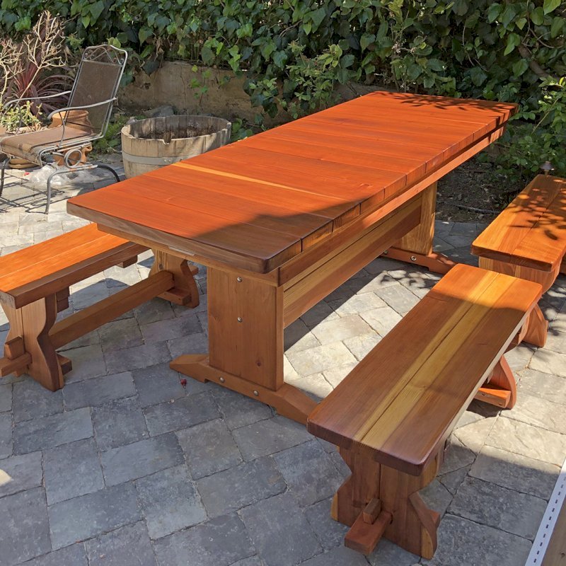 Baja Outdoor Redwood Dining Table (Options: 6 ft L, 30 inches W, Side Benches, 2 Half Benches Per Side, California Redwood, Standard Tabletop, Squared Corners, 2" Umbrella Hole, Transparent Premium Sealant). Photo Courtesy of H. Schiraldi of San Francisco, CA. Baja Outdoor Redwood Dining Table (Options: 6 ft L, 30 inches W, Side Benches, 2 Half Benches Per Side, California Redwood, Standard Tabletop, Squared Corners, 2" Umbrella Hole, Transparent Premium Sealant). Photo Courtesy of H. Schiraldi of San Francisco, CA.