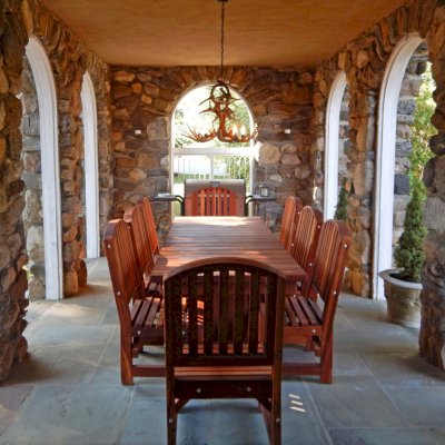 Baja Outdoor Redwood Dining Table (Options: 8 ft L, 42 inches W, Chairs, Mosaic Redwood, 8 Chairs, Luna, 2 Armchairs & Side chairs, No Cushion, Standard Tabletop, Squared Corners, No Umbrella Hole, Transparent Premium Sealant). Photo Courtesy of Tommy B. of Ossining, NY.