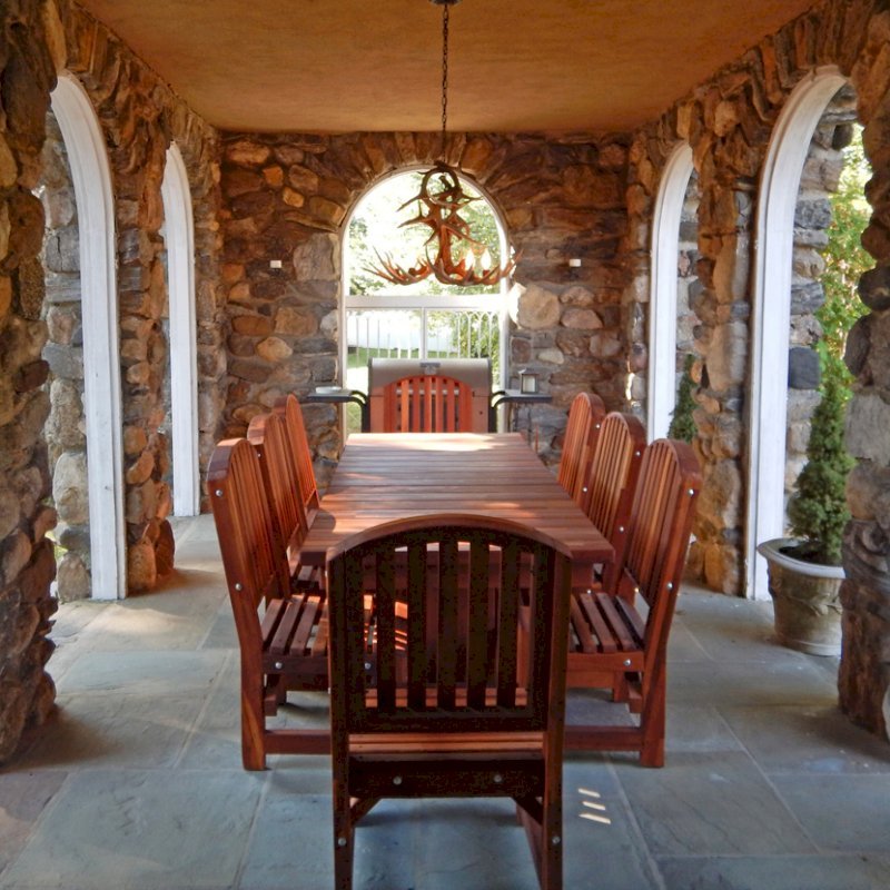 Baja Outdoor Redwood Dining Table (Options: 8 ft L, 42 inches W, Chairs, Mosaic Eco-Wood, 8 Chairs, Luna, 2 Armchairs & Side chairs, No Cushion, Standard Tabletop, Squared Corners, No Umbrella Hole, Transparent Premium Sealant). Photo Courtesy of Tommy B. of Ossining, NY. Baja Outdoor Redwood Dining Table (Options: 8 ft L, 42 inches W, Chairs, Mosaic Eco-Wood, 8 Chairs, Luna, 2 Armchairs & Side chairs, No Cushion, Standard Tabletop, Squared Corners, No Umbrella Hole, Transparent Premium Sealant). Photo Courtesy of Tommy B. of Ossining, NY.