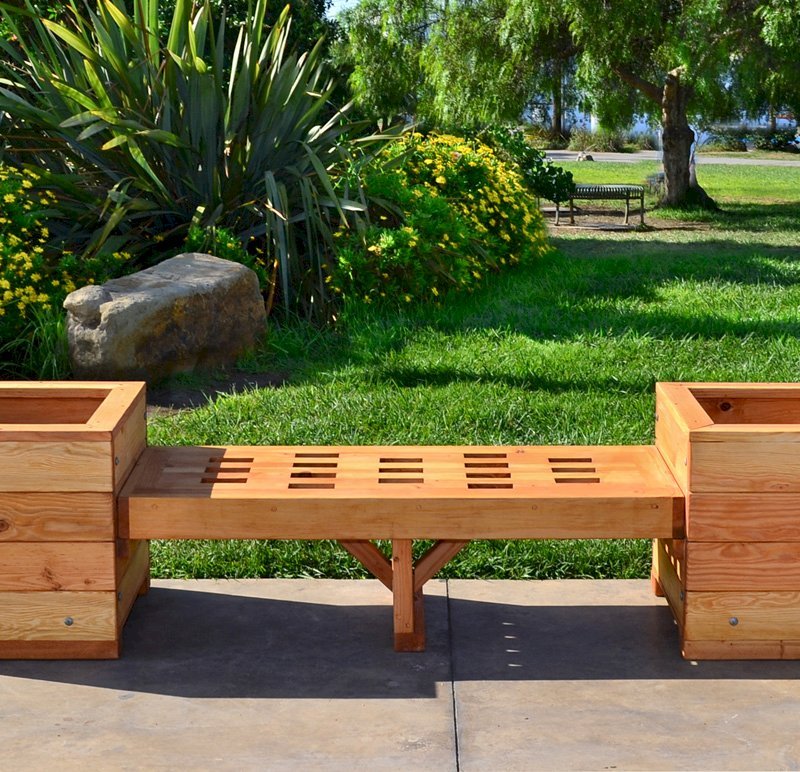 Bench and Planters Combo (Options: 4 ft Bench Length, 20" L x 20" D x 20" H Planter Size, Douglas-fir, Lighthouse Bench Style, 14 inches Bench Heigth, 17 3/4 inches Bench Width, No Engraving, Mendocino, With Feet, No Growing Vegetables, Transparent Premium Sealant). Bench and Planters Combo (Options: 4 ft Bench Length, 20" L x 20" D x 20" H Planter Size, Douglas-fir, Lighthouse Bench Style, 14 inches Bench Heigth, 17 3/4 inches Bench Width, No Engraving, Mendocino, With Feet, No Growing Vegetables, Transparent Premium Sealant).