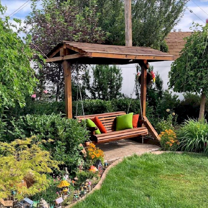 Bench Swing Sets (Options: Large Bench, Include Swing Roof, Old-Growth Redwood, Ensenada Style Seat, No Engraving, Transparent Premium Sealant). Photo Courtesy of Ann Harrington of Salt Lake City, Utah. Bench Swing Sets (Options: Large Bench, Include Swing Roof, Old-Growth Redwood, Ensenada Style Seat, No Engraving, Transparent Premium Sealant). Photo Courtesy of Ann Harrington of Salt Lake City, Utah.
