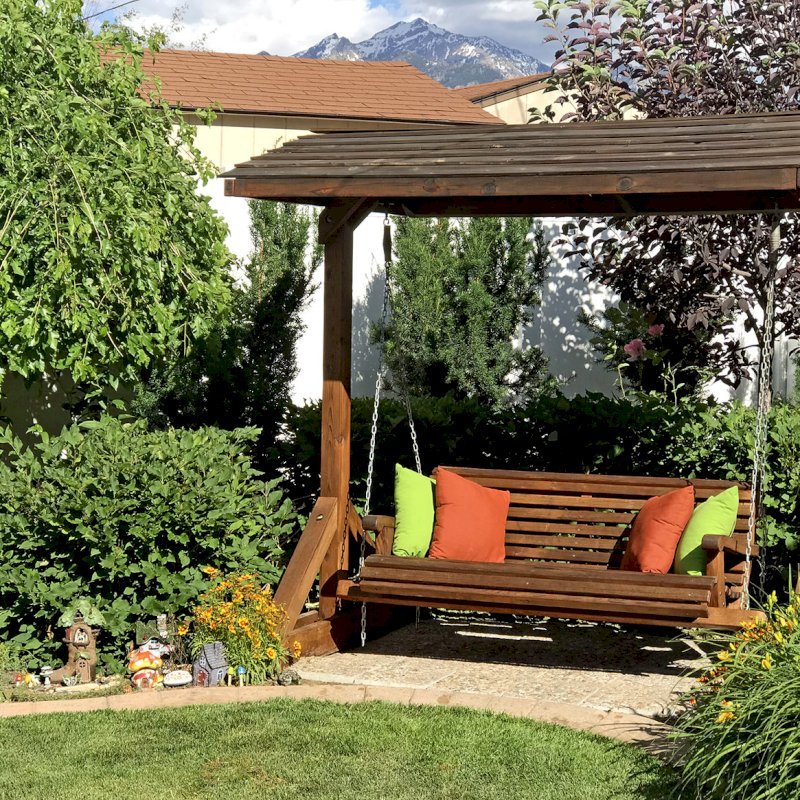 Bench Swing Sets (Options: Large Bench, Include Swing Roof, Old-Growth Redwood, Ensenada Style Seat, No Engraving, Transparent Premium Sealant). Photo Courtesy of Ann Harrington of Salt Lake City, Utah. Bench Swing Sets (Options: Large Bench, Include Swing Roof, Old-Growth Redwood, Ensenada Style Seat, No Engraving, Transparent Premium Sealant). Photo Courtesy of Ann Harrington of Salt Lake City, Utah.