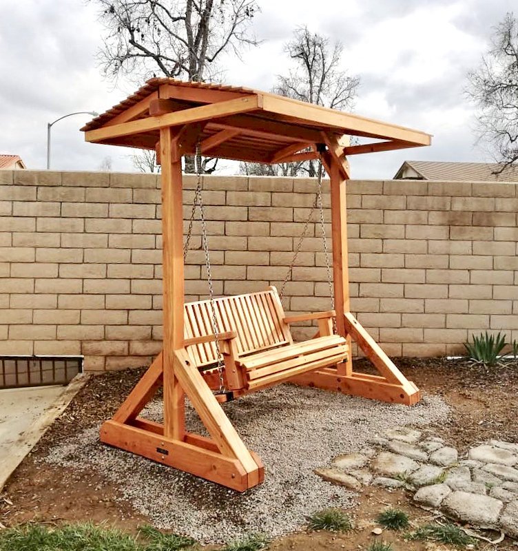 Bench Swing Sets (Options: Standard Bench, Swing Roof, Douglas-fir, Classic Design Seat, No Engraving, Transparent Premium Sealant). Photo Courtesy of D. Jeffries of Riverside, CA. Bench Swing Sets (Options: Standard Bench, Swing Roof, Douglas-fir, Classic Design Seat, No Engraving, Transparent Premium Sealant). Photo Courtesy of D. Jeffries of Riverside, CA.