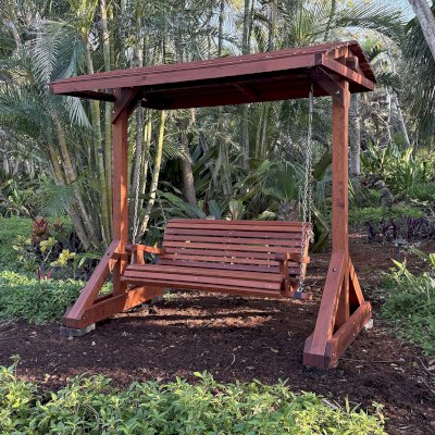 Bench Swing Set (Options: Large Bench, Swing Roof, Mature Redwood, Ensenada Style Seat, No Engraving, Transparent Premium Sealant). Photo Courtesy of D. Weinkle of Bradenton, FL.