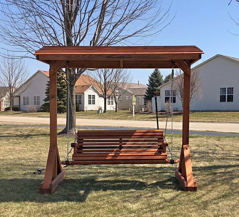 Bench Swing Sets (Options: Large Bench, Include Swing Roof, Mature Redwood, Ensenada Style Seat, Custom Engraving, Transparent Premium Sealant). Photo Courtesy of B. Kaky of Crest Hill, IL. Bench Swing Sets (Options: Large Bench, Include Swing Roof, Mature Redwood, Ensenada Style Seat, Custom Engraving, Transparent Premium Sealant). Photo Courtesy of B. Kaky of Crest Hill, IL.
