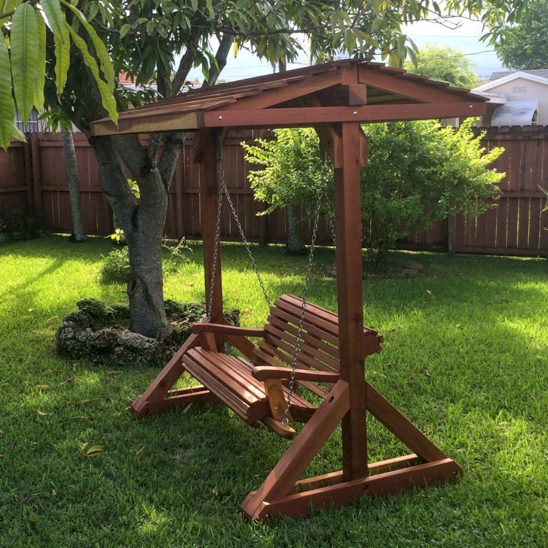 Bench Swing Sets (Options: Standard Bench, Include Swing Roof, California Redwood, Ensenada Style Seat, No Engraving, Transparent Premium Sealant). Photo Courtesy of Ms. Norma Figueiras of Miami, FL. Bench Swing Sets (Options: Standard Bench, Include Swing Roof, California Redwood, Ensenada Style Seat, No Engraving, Transparent Premium Sealant). Photo Courtesy of Ms. Norma Figueiras of Miami, FL.