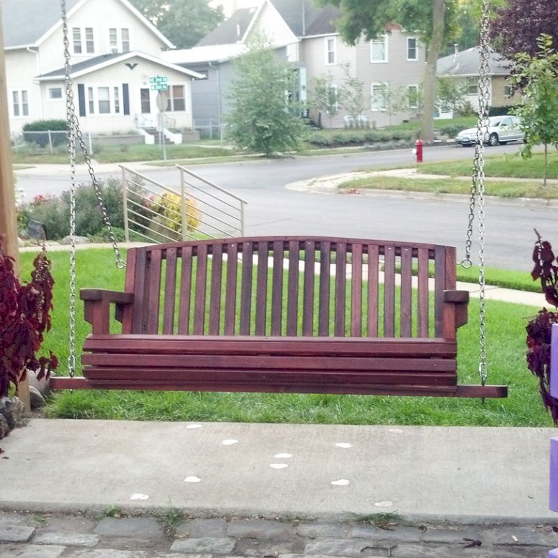 Bench Swings (Seats Only) (Options: Large Garden Bench, Old-Growth Redwood, Luna Backrest Seat, No Engraving, All Beam Hanging Hardware, Cherry Stain Premium Sealant). Photo Courtesy of Robert MacDonald of Minneapolis, Minnesota. Bench Swings (Seats Only) (Options: Large Garden Bench, Old-Growth Redwood, Luna Backrest Seat, No Engraving, All Beam Hanging Hardware, Cherry Stain Premium Sealant). Photo Courtesy of Robert MacDonald of Minneapolis, Minnesota.