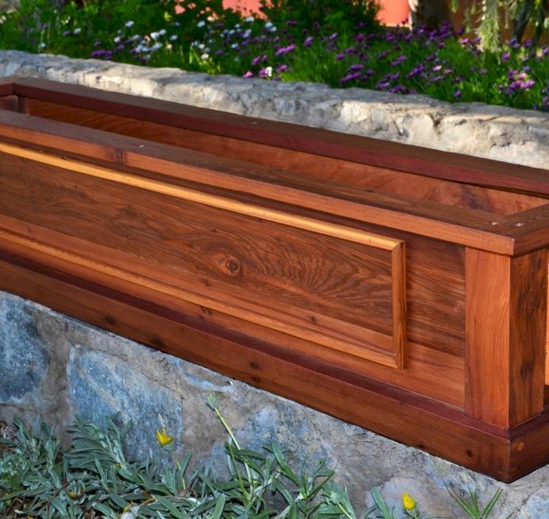 Carmel Box Planters (Options: 60" L, 12" W, 12" H, California Redwood, Standard Base, No Steel Hangers, No Fit Over Railings, No Growing Vegetables, Transparent Premium Sealant). Carmel Box Planters (Options: 60" L, 12" W, 12" H, California Redwood, Standard Base, No Steel Hangers, No Fit Over Railings, No Growing Vegetables, Transparent Premium Sealant).