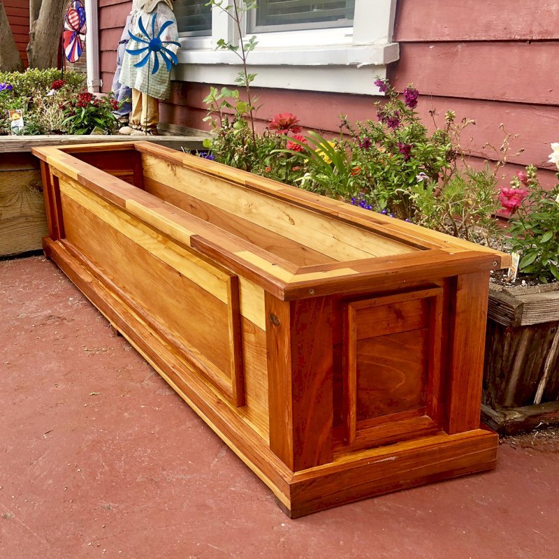 Carmel Box Planters (Options: 60" L, 15" W, 15" H, Mosaic Reclaim Wood, Standard 3/4" Base, No Steel Hangers, No fit over railings, No Growing Vegetables, Transparent Premium Sealant). Photo courtesy of M. Gaston of Menlo Park, CA. Carmel Box Planters (Options: 60" L, 15" W, 15" H, Mosaic Reclaim Wood, Standard 3/4" Base, No Steel Hangers, No fit over railings, No Growing Vegetables, Transparent Premium Sealant). Photo courtesy of M. Gaston of Menlo Park, CA.
