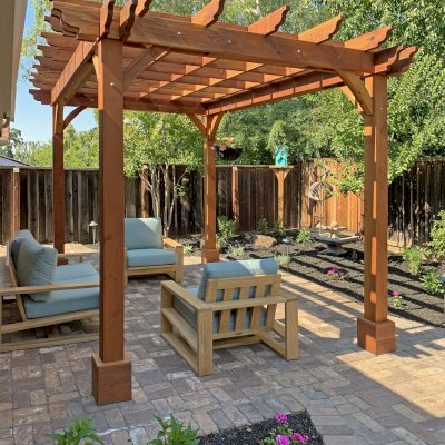 Cherry Hill Outdoor Pergola Kit (Options: 14' L x 10' W, No Privacy Panel, California Redwood, 8.5 ft Heigth, No Electrical Wiring Trim, 4-Post Anchor Kit for Concrete, No Post Decorative Trim, No Ceiling Fan Base, No Curtain Rods, Transparent Premium Sealant). Photo Courtesy of B. Elliott of Concord, CA.