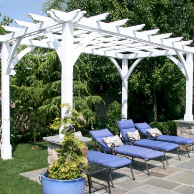 Cherry Hill Outdoor Pergola Kit(Options: 16' x 10', California Redwood, No Electrical Wiring Trim, 4-Post Anchor Kit for Stone, Brick or Concrete, No Ceiling Fan Base, No Curtain Rods, No Privacy Panels, 9' Post Height, Off-White Oil-Based). Photo Courtesy of Rich Wulwick of Cherry Hill, New Jersey.