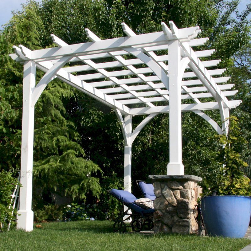 Cherry Hill Outdoor Pergola Kit (Options: 16' x 10', California Redwood, No Electrical Wiring Trim, Post Anchoring for Stone, Brick or Concrete, No Ceiling Fan Base, No Curtain Rods, No Privacy Panels, 9' Post Height, Off-White Oil-Based). Photo Courtesy of Rich Wulwick of Cherry Hill, New Jersey. Cherry Hill Outdoor Pergola Kit (Options: 16' x 10', California Redwood, No Electrical Wiring Trim, Post Anchoring for Stone, Brick or Concrete, No Ceiling Fan Base, No Curtain Rods, No Privacy Panels, 9' Post Height, Off-White Oil-Based). Photo Courtesy of Rich Wulwick of Cherry Hill, New Jersey.