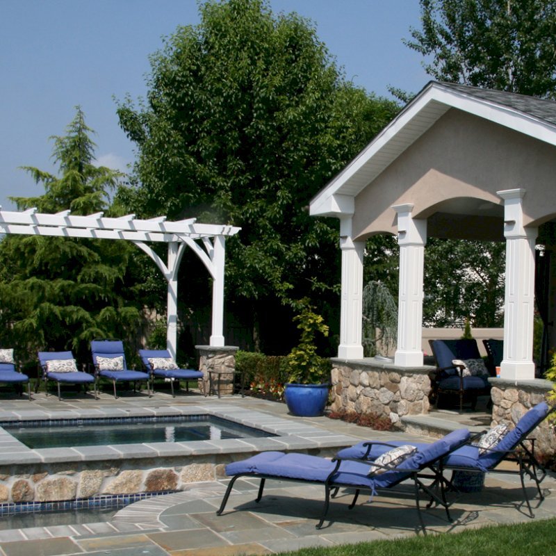Cherry Hill Outdoor Pergola Kit (Options: 16' x 10', California Redwood, No Electrical Wiring Trim, Post Anchoring for Stone, Brick or Concrete, No Ceiling Fan Base, No Curtain Rods, No Privacy Panels, 9' Post Height, Off-White Oil-Based). Photo Courtesy of Rich Wulwick of Cherry Hill, New Jersey. Cherry Hill Outdoor Pergola Kit (Options: 16' x 10', California Redwood, No Electrical Wiring Trim, Post Anchoring for Stone, Brick or Concrete, No Ceiling Fan Base, No Curtain Rods, No Privacy Panels, 9' Post Height, Off-White Oil-Based). Photo Courtesy of Rich Wulwick of Cherry Hill, New Jersey.