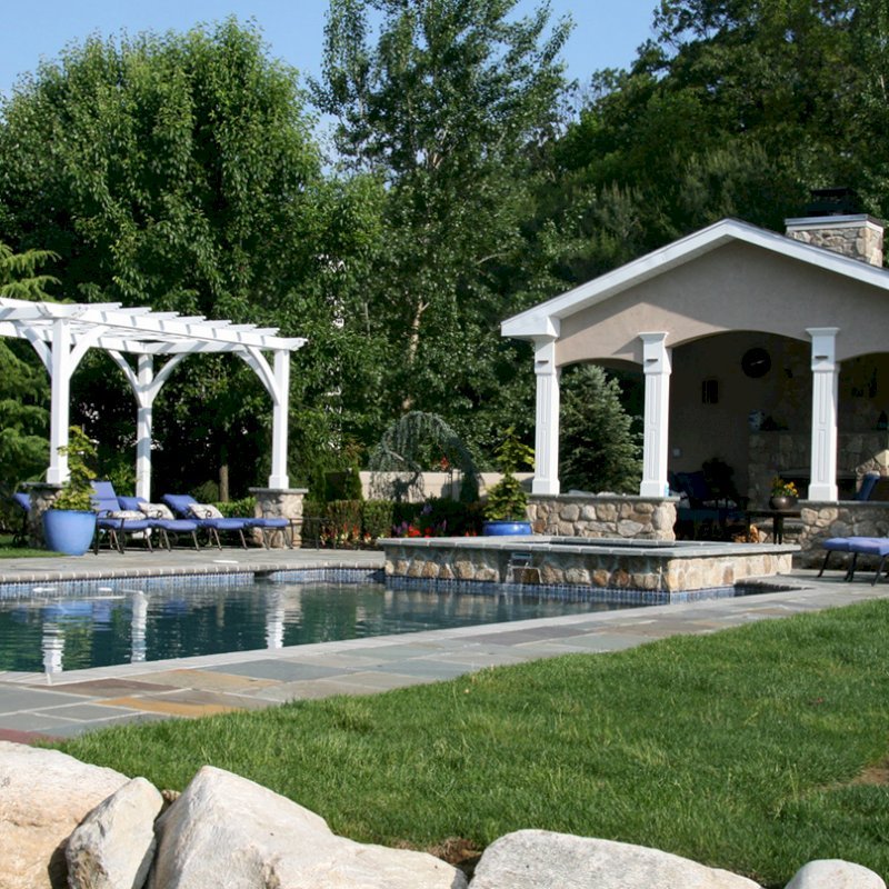 Cherry Hill Outdoor Pergola Kit (Options: 16' x 10', California Redwood, No Electrical Wiring Trim, Post Anchoring for Stone, Brick or Concrete, No Ceiling Fan Base, No Curtain Rods, No Privacy Panels, 9' Post Height, Off-White Oil-Based). Photo Courtesy of Rich Wulwick of Cherry Hill, New Jersey. Cherry Hill Outdoor Pergola Kit (Options: 16' x 10', California Redwood, No Electrical Wiring Trim, Post Anchoring for Stone, Brick or Concrete, No Ceiling Fan Base, No Curtain Rods, No Privacy Panels, 9' Post Height, Off-White Oil-Based). Photo Courtesy of Rich Wulwick of Cherry Hill, New Jersey.