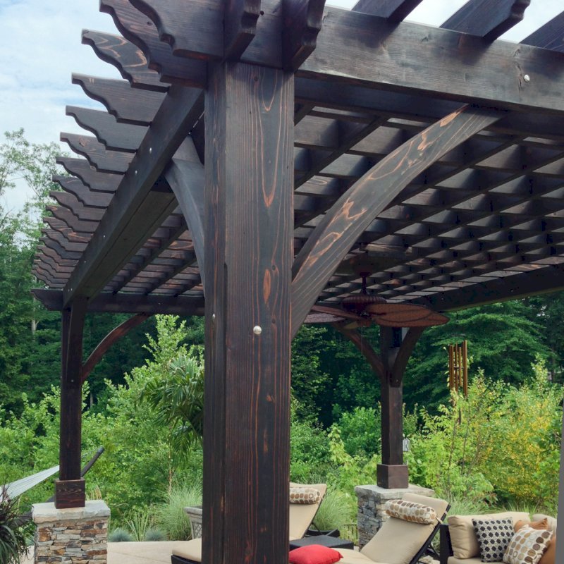 Cherry Hill Pergola (Options: 20' x 14', California Redwood, Electrical Wiring Trim for 1 Post, Post Anchoring for Stone, Brick or Concrete, Ceiling Fan Base, No Curtain Rods, No Privacy Panels, 8.5' Post, Coffee-Stain Premium Sealant). 2 x 8 Roof Timbers and 8 x 8 Posts by Custom Request. Cost to build any Pergola with bigger timbers is 25% more than the standard sized. Photo courtesy of William H. of Montvale, NJ. Cherry Hill Pergola (Options: 20' x 14', California Redwood, Electrical Wiring Trim for 1 Post, Post Anchoring for Stone, Brick or Concrete, Ceiling Fan Base, No Curtain Rods, No Privacy Panels, 8.5' Post, Coffee-Stain Premium Sealant). 2 x 8 Roof Timbers and 8 x 8 Posts by Custom Request. Cost to build any Pergola with bigger timbers is 25% more than the standard sized. Photo courtesy of William H. of Montvale, NJ.