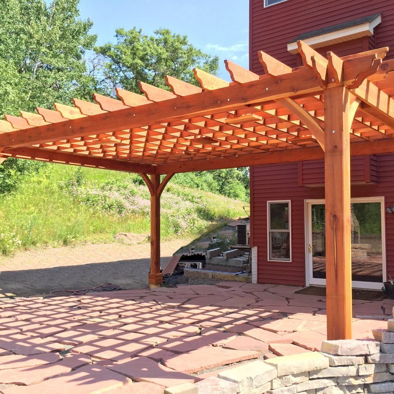 Cherry Hill Pergola (Options: 18' x 24', California Redwood, Post Anchoring for Gale-Wind, 5 Ceiling Fan Bases, No Curtain Rods, No Privacy Panels, 10.5' Post, Transparent Premium Sealant). 2 x 10 Supports, 2 x 8 Rafters and 8 x 8 Posts by Custom Request. Photo Courtesy of M. Lockheart of Hudson, WI. Cherry Hill Pergola (Options: 18' x 24', California Redwood, Post Anchoring for Gale-Wind, 5 Ceiling Fan Bases, No Curtain Rods, No Privacy Panels, 10.5' Post, Transparent Premium Sealant). 2 x 10 Supports, 2 x 8 Rafters and 8 x 8 Posts by Custom Request. Photo Courtesy of M. Lockheart of Hudson, WI.