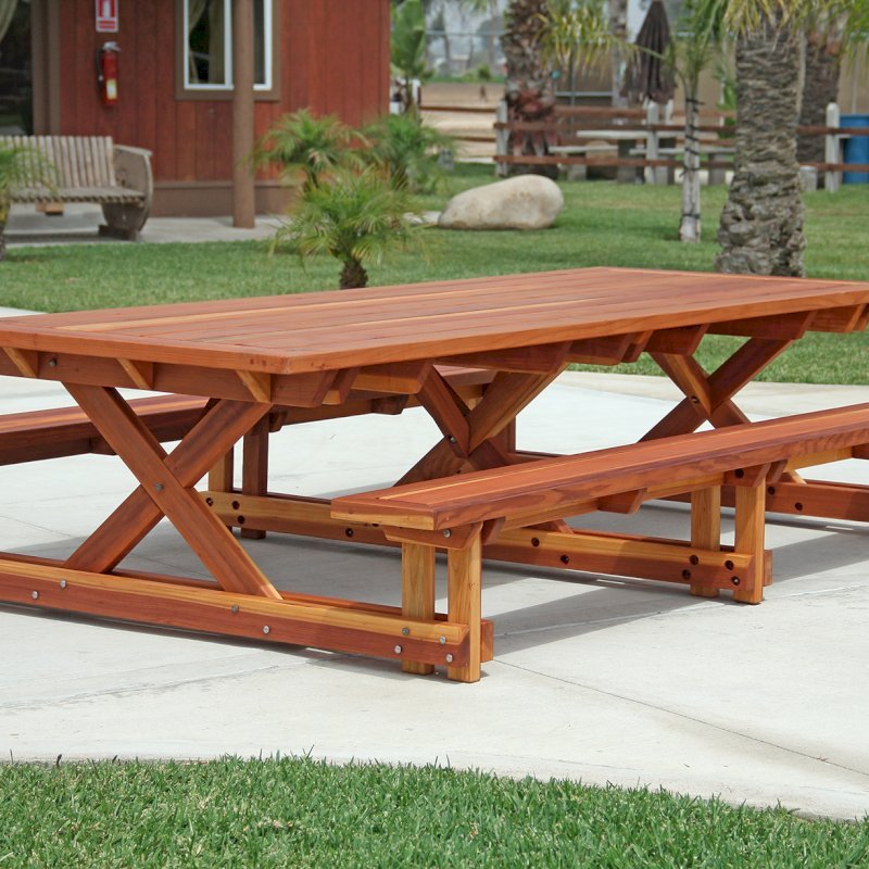 Chris's Picnic Table (Options: 10' L x 46" W, California Redwood, Standard Tabletop, Rounded Corners, No Umbrella Hole, Transparent Premium Sealant). Chris's Picnic Table (Options: 10' L x 46" W, California Redwood, Standard Tabletop, Rounded Corners, No Umbrella Hole, Transparent Premium Sealant).
