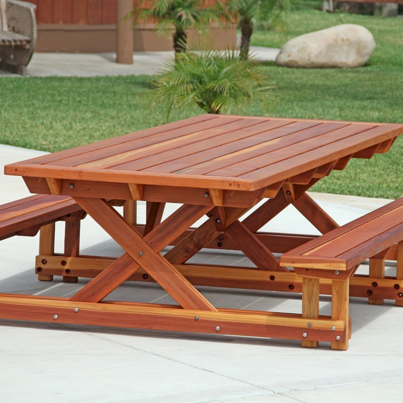 Chris's Picnic Table (Options: 10' L x 46" W, California Redwood, Standard Tabletop, Rounded Corners, No Umbrella Hole, Transparent Premium Sealant). Chris's Picnic Table (Options: 10' L x 46" W, California Redwood, Standard Tabletop, Rounded Corners, No Umbrella Hole, Transparent Premium Sealant).