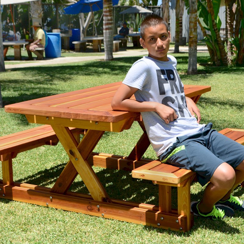 Chris's Picnic Table (Options: 6' L x 34" W, California Redwood, Standard Tabletop, Rounded Corners, Umbrella Hole, Transparent Premium Sealant). Chris's Picnic Table (Options: 6' L x 34" W, California Redwood, Standard Tabletop, Rounded Corners, Umbrella Hole, Transparent Premium Sealant).