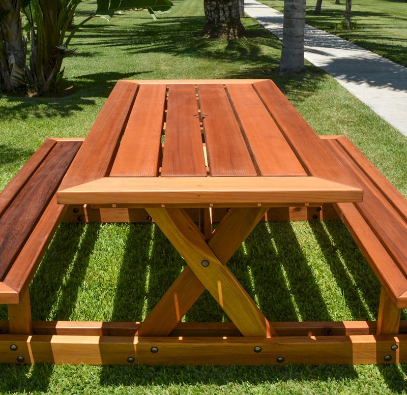 Chris's Picnic Table (Options: 6' L x 34" W, California Redwood, Standard Tabletop, Rounded Corners, Umbrella Hole, Transparent Premium Sealant). Chris's Picnic Table (Options: 6' L x 34" W, California Redwood, Standard Tabletop, Rounded Corners, Umbrella Hole, Transparent Premium Sealant).