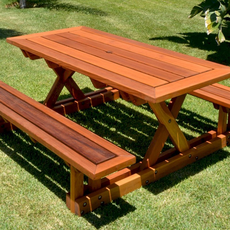 Chris's Picnic Table (Options: 6' L x 34" W, California Redwood, Standard Tabletop, Rounded Corners, Umbrella Hole, Transparent Premium Sealant). Chris's Picnic Table (Options: 6' L x 34" W, California Redwood, Standard Tabletop, Rounded Corners, Umbrella Hole, Transparent Premium Sealant).
